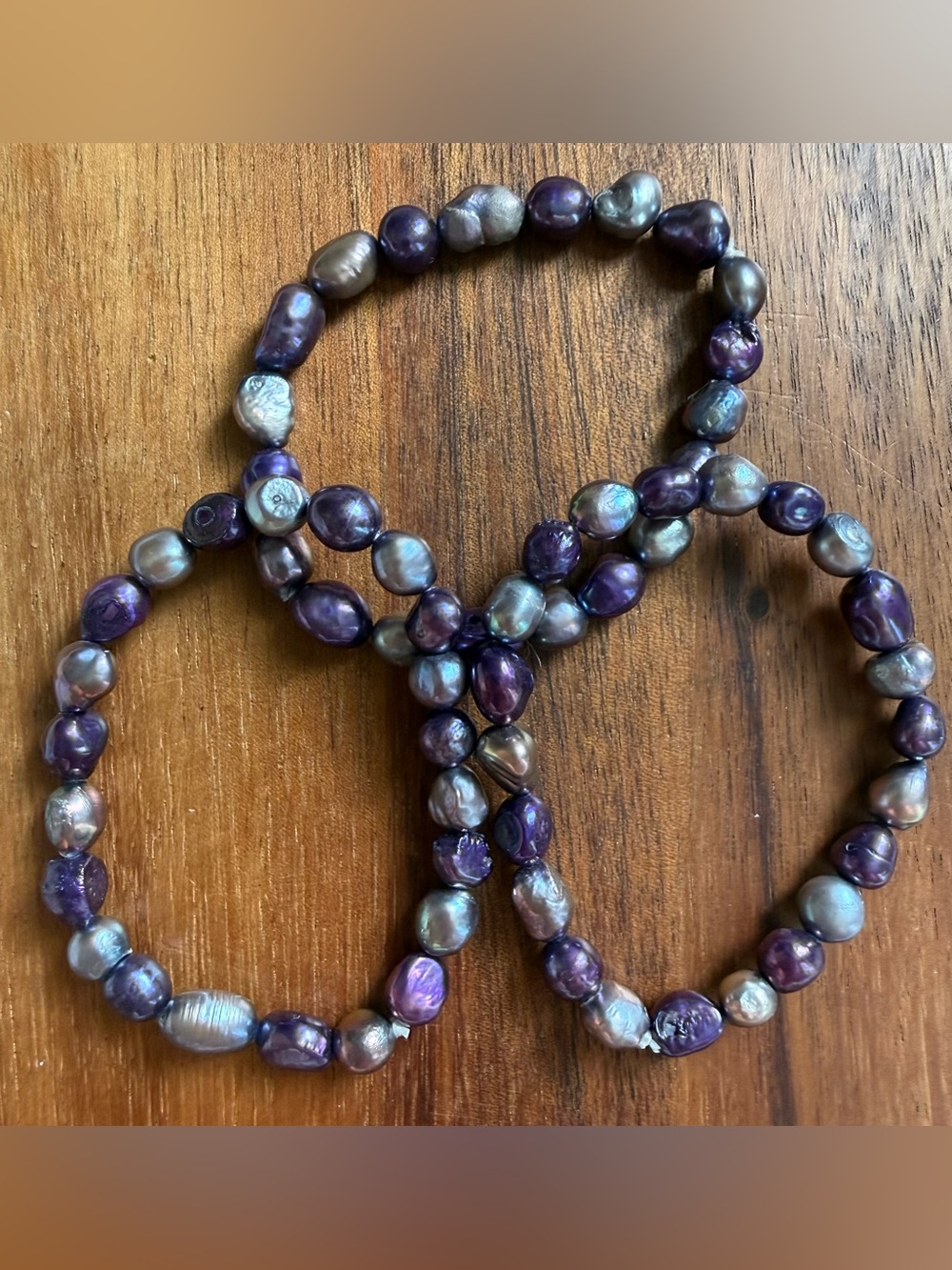 Lot of 3Freshwater Genuine Pearl Stretch Bracelet - Iridescent Purple and Silver